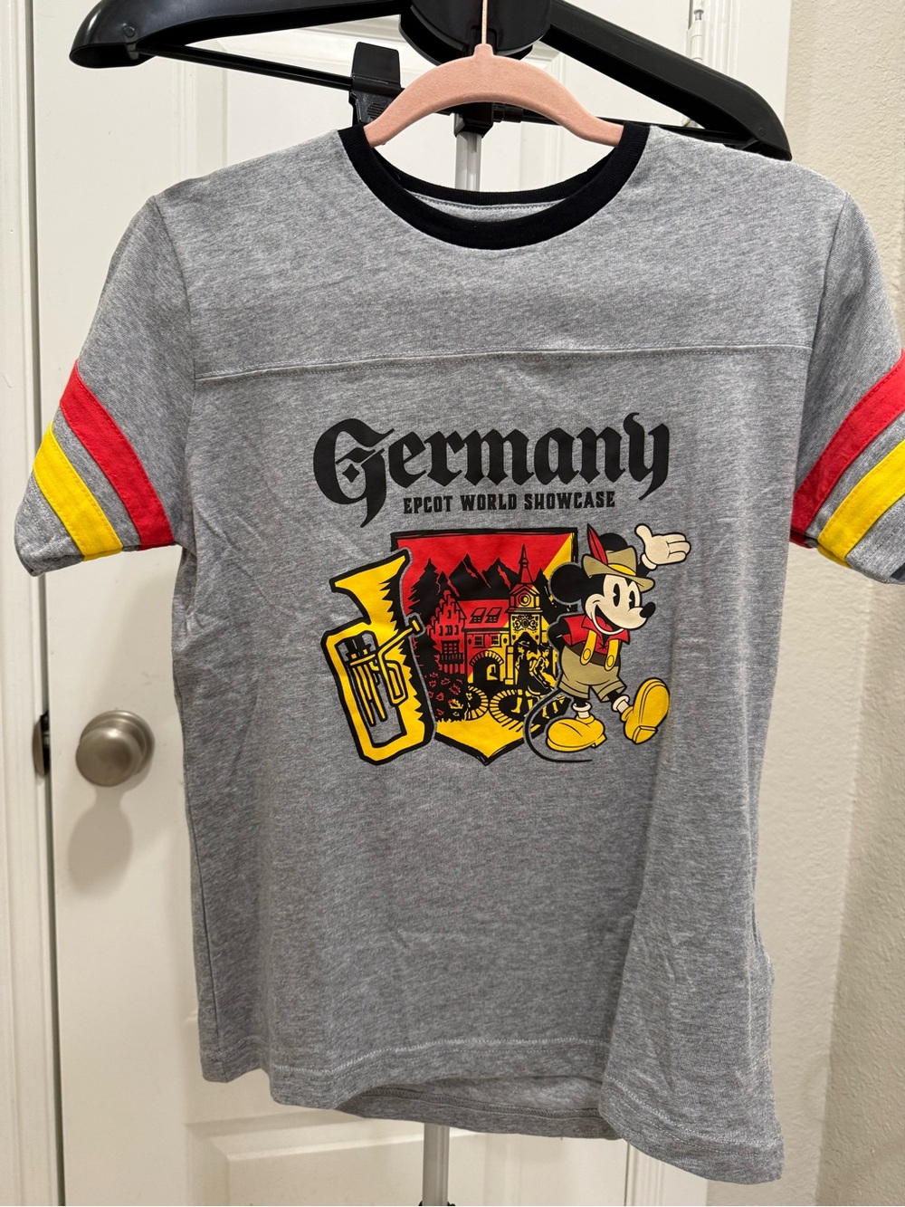 Disney Gray Kids Tee with Red & Yellow Sleeve Stripes and Mickey Germany Crest
